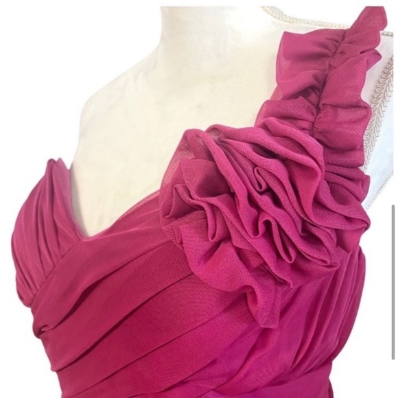 Vintage 90s Pink Chiffon One Shoulder Dress Prom Rosette Ruched Knee Length 3X - Picture 5 of 11